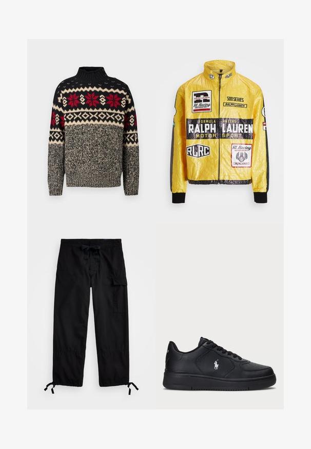 Yellow, textured racing jacket featuring multiple printed logos and patches, with black accents on sleeves and cuffs, full zip closure.; Knit sweater in black, cream, and red with a high collar, featuring snowflake and geometric patterns, and button accents on the shoulder.; Black cargo pants with elastic waistband and drawstring. Features side pockets and adjustable cuffs with toggles. Made of lightweight fabric.; Black leather sneakers with a perforated design, flat lace-up closure, and a white embroidered logo on the side. Thick black rubber sole.