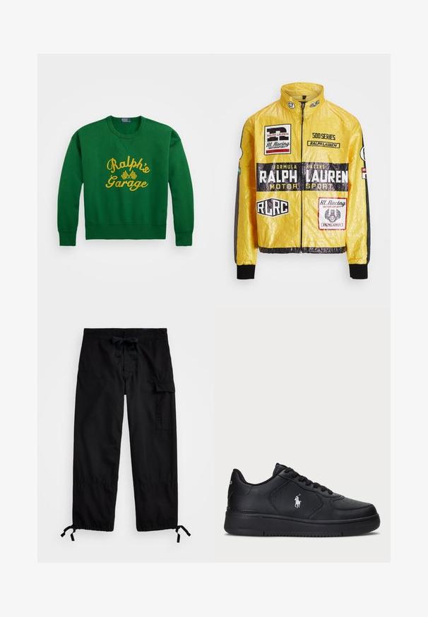 Κίτρινο, υφασμάτινο σακάκι αγώνων με πολλές εκτυπωμένες λογότυπα και επι patches, με μαύρες λεπτομέρειες στα μανίκια και τους καρπούς, πλήρης φερμουάρ.; Πράσινη φούτερ μπλούζα με στρογγυλή λαιμόκοψη, που διαθέτει κίτρινο κεντητό κείμενο "Ralph’s Garage" και λεπτομέρειες από καρό σημαιάκι. Υλικό από μείγμα βαμβακιού.; Μαύρο cargo παντελόνι με ελαστική μέση και κορδόνι. Διαθέτει πλαϊνές τσέπες και ρυθμιζόμενους αστραγάλους με κωδικούς πρόσδεσης. Κατασκευασμένο από ελαφρύ ύφασμα.; Μαύρα δερμάτινα αθλητικά παπούτσια με διάτρητο σχέδιο, επίπεδο κλείσιμο με κορδόνια και λευκό κεντητό λογότυπο στο πλάι. Παχύ μαύρο καουτσούκ σόλα.