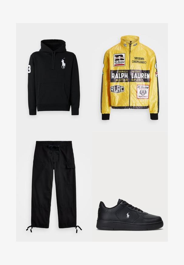 Rumena, teksturirana dirkalna jakna z več potiskanimi logotipi in nalepkami, črnimi poudarki na rokavih in manšettah, z zadrgo na sprednji strani.; Črna kapuca iz bombaža, ki ima sprednji žep, kapuco s vrvico in belo logo polo igralca z številko 3 na rokavu.; Črne cargo hlače z elastičnim pasom in vrvico. Imajo stranske žepke in nastavljive manšete s toggli. Narejene so iz lahkega blaga.; Črne usnjene superge s perforiranim dizajnom, ravnim vezanjem in belim vezenim logotipom na strani. Debel črn gumijast podplat.