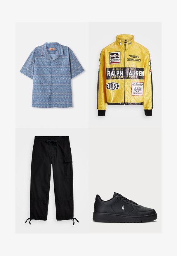 Gul, texturerad racjacka med flera tryckta logotyper och märken, med svarta accenter på ärmar och mudd, hel dragkedja.; Kortärmad skjorta med knappar i ett blått, vitt och lila zigzag-mönster och med en campkrage, liggande platt på en vit bakgrund.; Svarta cargobyxor med elastisk midja och dragsko. Har sidofickor och justerbara muddar med dragkedjor. Tillverkad av lättviktig tyg.; Svarta lädersneakers med perforerat mönster, platt snörning och en vit broderad logotyp på sidan. Tjock svart gummisula.