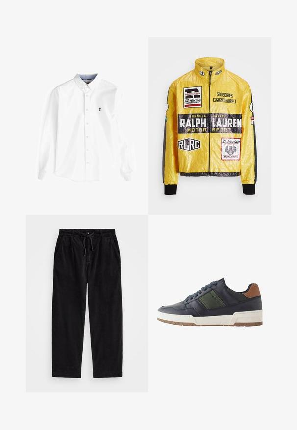 Gul, texturerad racjacka med flera tryckta logotyper och märken, med svarta accenter på ärmar och mudd, hel dragkedja.; Vit långärmad skjorta i bomull, med knäppbar krage, framplacket med knappar och en liten marinblå hummerlogotyp på bröstet.; Svarta kordflamsbyxor med en avslappnad passform, med ett elastiskt midjeband och dragsko, samt sidofickor. Tyget har en ribbad struktur.; Marinblå lädersko med en grön accentstrimma, vit mellansula och brun hälflik. Har rundad tå och strukturerad gummisula.