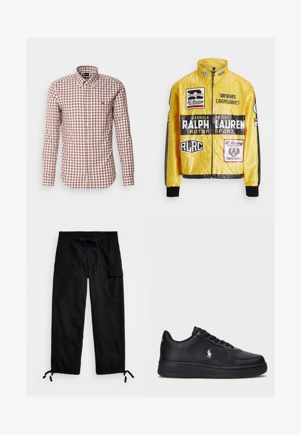 Kollane, tekstuuriga sõidujakk, millel on mitmeid trükitud logosid ja kapuutsi, mustad aktsendid varrukatel ja mansettidel, täis tõmblukuga sulgemine.; Pruunide ja valgete ruutudega pikad varrukad särgil on nööpide sulgemisega krae ning tuntud logo tikandiga rinnal. Puuvillane tekstiil.; Mustad mustapüksid elastse vöökoha ja nööriga. Omavad külgtaskuid ja reguleeritavaid varrukaotsi tõmblukkudega. Valmistatud kergest kangast.; Mustad nahast tossud, millel on auguline disain, lame sidumispael ja küljes valge brodeeritud logo. Paks must kummist tald.