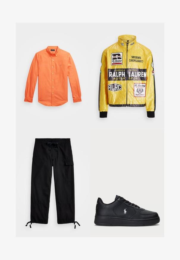 Gul, texturerad racjacka med flera tryckta logotyper och märken, med svarta accenter på ärmar och mudd, hel dragkedja.; Långärmad skjorta med knappar i ljus orange bomull, med klassisk krage, subtil logotypbroderi och knäppta manschetter.; Svarta cargobyxor med elastisk midja och dragsko. Har sidofickor och justerbara muddar med dragkedjor. Tillverkad av lättviktig tyg.; Svarta lädersneakers med perforerat mönster, platt snörning och en vit broderad logotyp på sidan. Tjock svart gummisula.