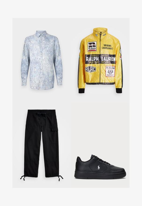 Geel, textuur racingjack met meerdere geprinte logo's en patches, met zwarte accenten op de mouwen en manchetten, volledige ritssluiting.; Lichtblauw overhemd met knopen, voorzien van bloemmotieven, lange mouwen en een klassieke kraag. Gemaakt van zachte stof met een gladde textuur.; Zwarte cargobroek met elastische tailleband en trekkoord. Voorzien van zijzakken en verstelbare boorden met toggles. Gemaakt van lichtgewicht stof.; Zwarte leren sneakers met een geperforeerd ontwerp, platte vetersluiting en een witte geborduurde logo aan de zijkant. Dikke zwarte rubberen zool.