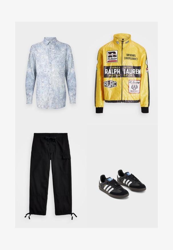 Žuta, teksturirana trkaća jakna s višestrukim printanim logotipima i zakrpama, s crnim naglašavanjima na rukavima i manžetama, zatvaranje na cijeloj dužini sa zipom.; Svijetloplava košulja na kopčanje s cvjetnim uzorcima, dugim rukavima i klasičnim ovratnikom. Izrađena od mekanog tkanina s glatkom teksturom.; Crne cargo hlače s elasticnim pojasom i vezicom. Imaju bočne džepove i prilagodljive manžete s kabelima. Izrađene su od laganog materijala.; Crne tenisice s gornjim dijelom od antilopa i sintetičkog materijala, s tri bijele pruge, teksturiranom gumenom potplatom i plavom oznakom na jeziku.