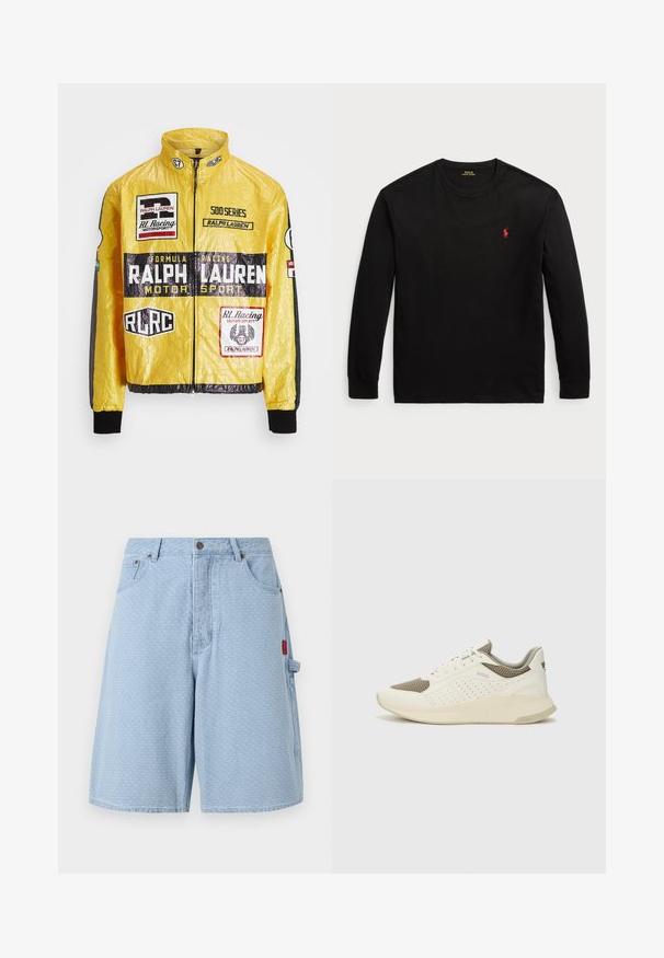 Rumena, teksturirana dirkalna jakna z več potiskanimi logotipi in nalepkami, črnimi poudarki na rokavih in manšettah, z zadrgo na sprednji strani.; Črna majica z dolgimi rokavi iz bombaža. Ima krožni ovratnik, rebraste manšete in majhen rdeč vezen logotip na prsih. Gladka tekstura.; Svijetloplave traper kratke hlače s teksturiranim uzorkom, dva prednja džepa i bočnim džepom s crvenim oznakom.; Beli in svetlo bež športni copat, s mrežastim zgornjim delom, perforiranimi detajli in teksturirano srednjim delom z blagovno znamko na peti.