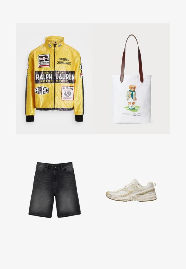 Gul, texturerad racjacka med flera tryckta logotyper och märken, med svarta accenter på ärmar och mudd, hel dragkedja.; Vit bomulls T-shirt med rund hals, med en svart "Polo Motorsport" logotyp och korsade rutig flaggor på vänster bröst.; Svarta denimshorts med avslappnad passform, femfickorsdesign, synlig sömnad och en slät textur. Slitna detaljer vid fållen.; Vita sportskor i mesh och syntetiskt material, med en rund tå, dämpad sula och beige accentfärg på sidorna.; Canvasaxelväska med en tecknad björn i grön scarf och kavaj, med bruna läderaxelremmar. Vit bakgrund, tryckt design.