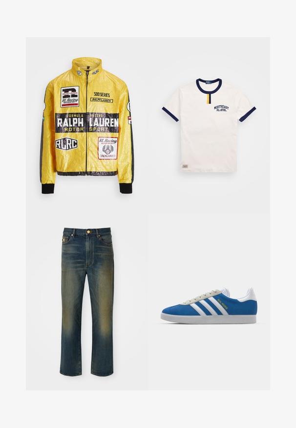 Žltá pretekárska bunda s textúrou, obsahujúca viaceré potlačené logá a nášivky, s čiernymi akcentmi na rukávoch a manžetách, s plným zipsom.; Biela bavlnená tričko s námořní modrým okrúhlym výstrihom a akcentmi na rukávoch. Obsahuje malý žltý gombík a vyšívaný nápis "NORTHEAST RL ATHL."; Modré džíny zo denimu s rovnou širokou nohavicou. Obsahujú vyblednuté oblasti a zapínanie na gombík. Zahrňujú predné vrecká a detail s logom.; adidas Originals ADIDAS GAZELLE SHOES - Halové kopačky - real madrid/bluebird/footwear white/crew yellow