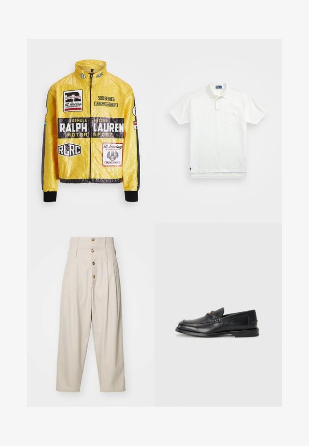Keltainen, teksturoitu kilpajakku, jossa on useita painettuja logoja ja tarroja, mustilla yksityiskohdilla hihoissa ja hihansuissa, täysipitkä vetoketjusulku.; Valkoinen puuvillapaita, jossa on klassinen kaulus, kolmen napin malli ja vasemmalla rintatasku; pieni logo helman kohdalla.; Beige korkeavyötäröiset housut suoran leikkauksen kanssa, joissa on neljä etupainiketta, laskokset ja sivutaskut. Pehmeä kangas.; Mustat nahkaiset loaferit, joissa on pyöreä varvas, tikatut yksityiskohdat ja pieni kultainen yksityiskohta edessä. Pohja on litteä ja huomaamaton.