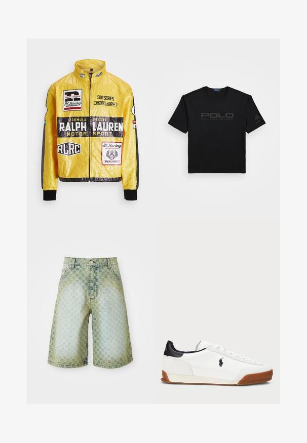 Žltá pretekárska bunda s textúrou, obsahujúca viaceré potlačené logá a nášivky, s čiernymi akcentmi na rukávoch a manžetách, s plným zipsom.; Čierne tričko s krátkymi rukávmi z bavlny, s vyvýšeným logom "POLO RALPH LAUREN" na prednej strane a logom na rukáve.; Džínové šortky s textúrovaným vzorom, svetlomodrý až zelený gradient, klasický dizajn s piatimi vreckami a kovovým zapínaním.; Biele tenisky so semišovými a koženými detailmi, s námorníckym opätkom, kontrastnou hnedou gumovou podrážkou a vyšitým logom na boku.