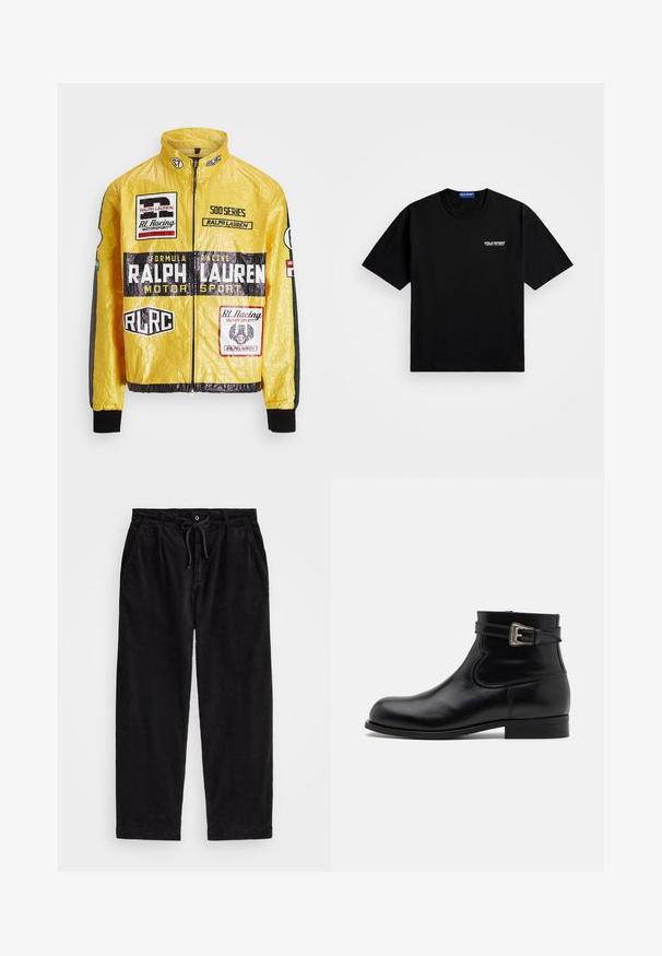 Geltona, tekstūruota lenktynių striukė su keliais spausdintais logotipais ir emblemomis, juodais akcentais ant rankovių ir rankogalių, visiškai užtraukiama.; Juodas medvilninis marškinėliai su apvaliu iškirpimu ir trumpomis rankovėmis. Kairėje krūtinės pusėje yra balta "POLO SPORT" logotipas. Standartinio kirpimo.; Juodo kanapinio audinio kelnių modelis, turintis laisvą siluetą, su elastingu juosmeniu ir raiščiu, bei šoninėmis kišenėmis. Audinys turi išilginę tekstūrą.; Juodas odinis kulkšninis botas su apvalia nosimi, šoniniu sagties akcentu ir žemu kulnu. Lygi tekstūra su blizgiu paviršiumi ir minimaliais siūlių detalėmis.