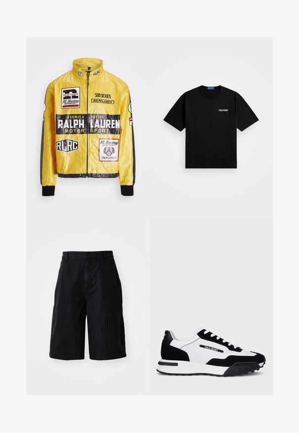 Rumena, teksturirana dirkalna jakna z več potiskanimi logotipi in nalepkami, črnimi poudarki na rokavih in manšettah, z zadrgo na sprednji strani.; Črna bombažna majica s krožnim izrezom in kratkimi rokavi. Na levi strani prsnega dela je belo logo "POLO SPORT". Standardna velikost.; BDG Urban Outfitters STRIPED WORKER - Kratke hlače iz džinsa - black; Tenisice z zgornjim delom iz črnega usnja in belega usnja, z črnim gumijastim podplatom, belimi vezalkami in logotipom "POLO SPORT" na strani.