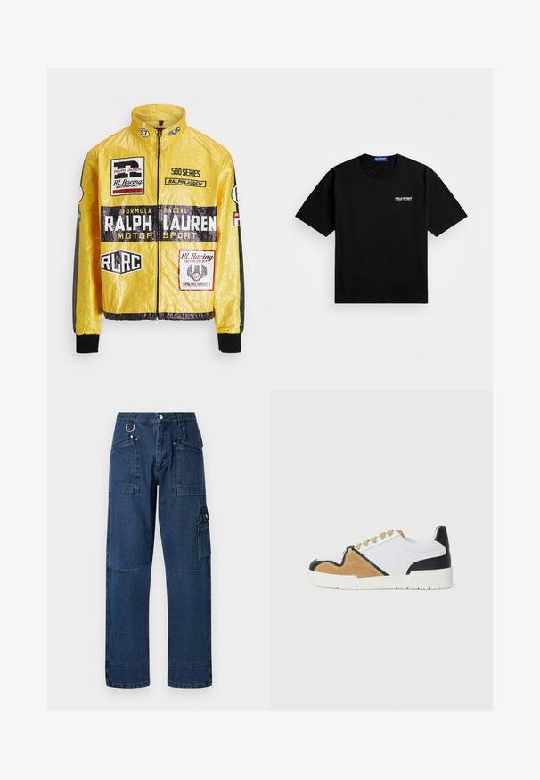 Rumena, teksturirana dirkalna jakna z več potiskanimi logotipi in nalepkami, črnimi poudarki na rokavih in manšettah, z zadrgo na sprednji strani.; Črna bombažna majica s krožnim izrezom in kratkimi rokavi. Na levi strani prsnega dela je belo logo "POLO SPORT". Standardna velikost.; Temno modri kavbojasti cargo hlače s ravnim krojem, ki imajo več žepov, kovinsko opremo in kontrastne šive.; Tenisice izdelane iz bele tekstila s svetlo rjavim semišem in črnimi usnjenimi detajli, z zaobljenim prstom, ravnim vezalnim dizajnom in teksturirano podplat.