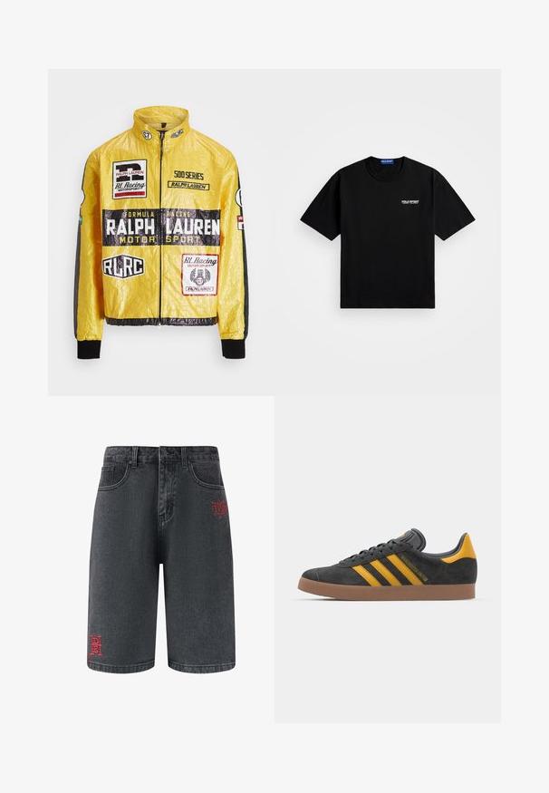 Giacca da corsa gialla, texturizzata, con molteplici loghi e toppe stampate, dettagli neri su maniche e polsini, chiusura con zip completa.; T-shirt in cotone nero con scollo rotondo e maniche corte. Caratterizzato dal logo "POLO SPORT" in bianco sul lato sinistro del petto. Vestibilità standard.; Shorts in denim nero con tasche anteriori e ricamo decorativo rosso sulla gamba sinistra, con logo del marchio e testo del design.; Sneaker in suede nero con dettagli gialli, dotato di tre strisce e una suola in gomma marrone. Include una linguetta imbottita per il comfort.