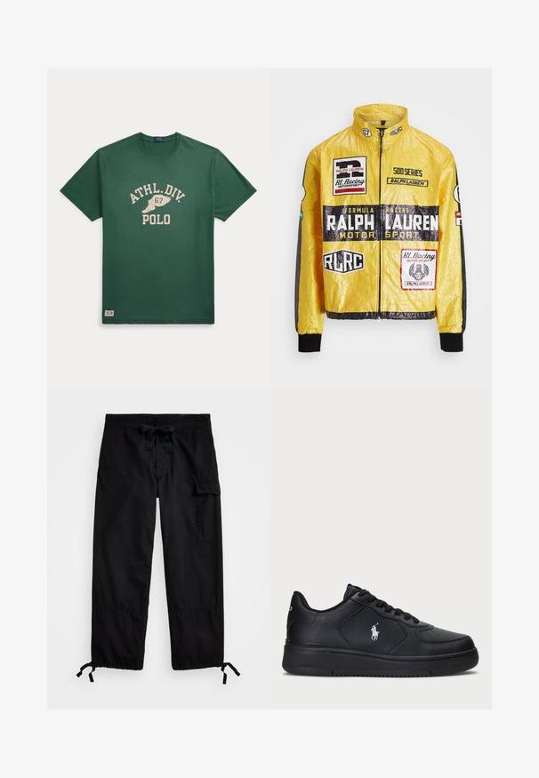 Dzeltena, teksturēta sacīkšu jaka ar vairākiem drukātiem logo un uzšuvēm, ar melniem akcentiem piedurkņu un apkakles daļās, pilnībā ar rāvējslēdzēju.; Zaļš kokvilnas T-krekls ar apaļu kakla izgriezumu, īsām piedurknēm un drukātu grafiku, kurā redzams "ATHL.DIV. 67" un "POLO" krēmkrāsā.; Melni kravas bikses ar elastīgu jostasvietu un auklu. Iekļauj sānu kabatas un regulējamus garumus ar cilpām. Izgatavotas no viegla auduma.; Melni ādas sporta apavi ar perforētu dizainu, plakanu auklu aizdari un baltu izšūtu logotipu sānos. Resna melna gumijas zole.