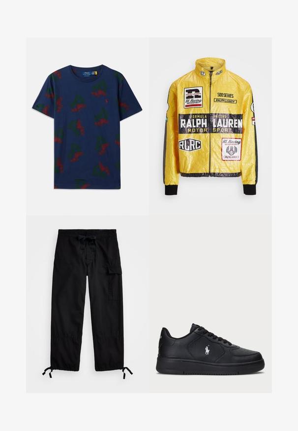 Žlutá, texturovaná závodní bunda se spoustou potištěných log a nášivek, s černými akcenty na rukávech a manžetách, plně zipová.; Námořnickě modré bavlněné tričko s opakujícími se zelenými grafikami písmene 'P' a červenou křídlenou botou, s kulatým výstřihem, volným střihem a krátkými rukávy.; Černé cargo kalhoty s elastickým pasem a šňůrkou. Obsahují boční kapsy a nastavitelné manžety s přezkami. Vyrobené z lehkého materiálu.; Černé kožené tenisky s perforovaným designem, plochým šněrováním a bílým vyšitým logem na boku. Tlustá černá gumová podrážka.