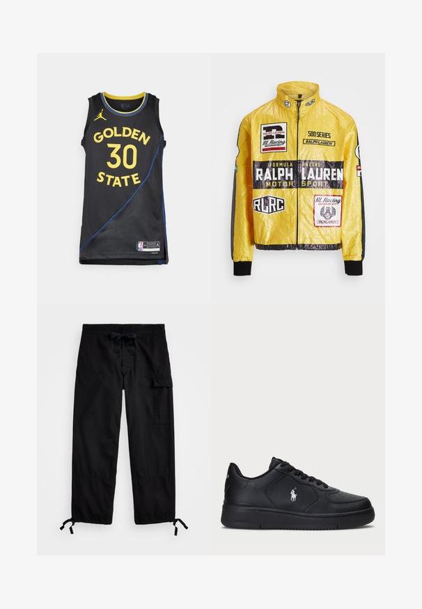 Żółta, teksturowana kurtka wyścigowa z wieloma nadrukowanymi logo i naszywkami, z czarnymi akcentami na rękawach i mankietach, z pełnym zapięciem na suwak.; Czarna koszulka do koszykówki z napisem "GOLDEN STATE" i numerem "30" w kolorze żółtym, z niebieskimi akcentami i teksturowanym materiałem. Logo NBA na dolnym brzegu.; Czarne spodnie cargo z elastycznym paskiem w talii i sznurkiem do regulacji. Posiada boczne kieszenie oraz regulowane mankiety z togglami. Wykonane z lekkiego materiału.; Czarne skórzane sneakersy z perforowanym wzorem, płaskim zapięciem na sznurówki i białym haftowanym logo po boku. Gruba czarna gumowa podeszwa.