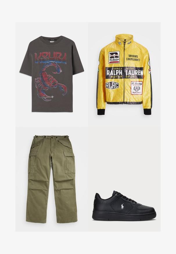 Yellow, textured racing jacket featuring multiple printed logos and patches, with black accents on sleeves and cuffs, full zip closure.; Gray oversized t-shirt made of cotton featuring a colorful scorpion graphic with blue and red details, and "KSUBI" text above in bold font.; Olive green cargo pants made of textured fabric, featuring multiple front and side pockets and reinforced stitching on seams.; Black leather sneakers with a perforated design, flat lace-up closure, and a white embroidered logo on the side. Thick black rubber sole.