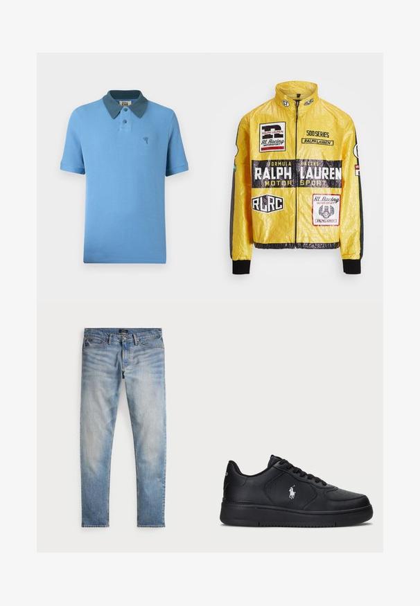 Žlutá, texturovaná závodní bunda se spoustou potištěných log a nášivek, s černými akcenty na rukávech a manžetách, plně zipová.; Světlomodré polo tričko s texturovanou žebrovanou tkaninou, krátkými rukávy, tmavě modrým límečkem, dvěma knoflíky a malým vyšívaným detailem na hrudi.; Světle modré džínové kalhoty s vybledlým vzhledem, pět kapsový design a kontrastní šití. Obsahují zipový poklopec a poutka na opasek. Rovný střih.; Černé kožené tenisky s perforovaným designem, plochým šněrováním a bílým vyšitým logem na boku. Tlustá černá gumová podrážka.