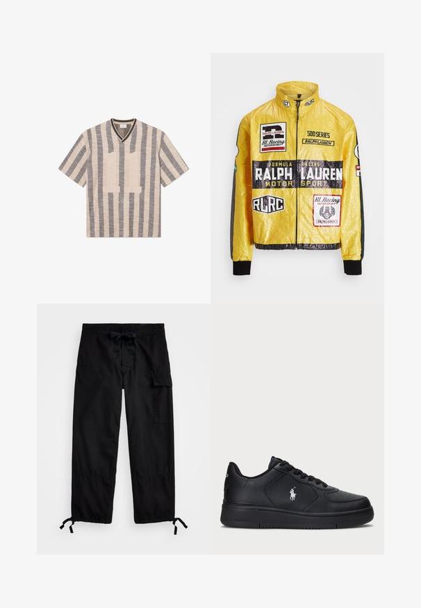 Gul, texturerad racjacka med flera tryckta logotyper och märken, med svarta accenter på ärmar och mudd, hel dragkedja.; Kortärmad V-ringad t-shirt i kräm- och gråstrimmigt mönster. Har numret "11" i en texturerad tyg på framsidan. Mjuk material och avslappnad passform.; Svarta cargobyxor med elastisk midja och dragsko. Har sidofickor och justerbara muddar med dragkedjor. Tillverkad av lättviktig tyg.; Svarta lädersneakers med perforerat mönster, platt snörning och en vit broderad logotyp på sidan. Tjock svart gummisula.