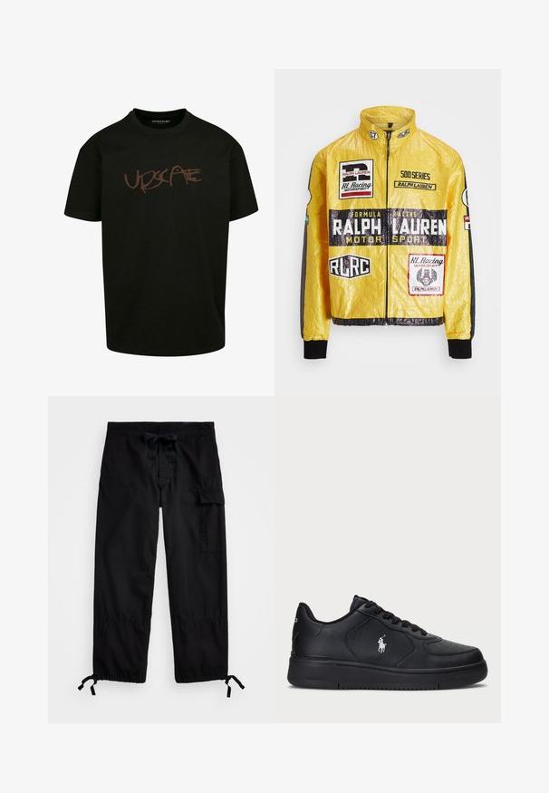 Sárga, textúrált versenydzseki, több nyomtatott logóval és folttal, fekete részletekkel az ujjakon és mandzsettákon, teljes hosszúságú cipzárral.; Fekete, pamutból készült póló, elöl barna nyomott "UPDSCAPE" logóval, graffiti stílusú betűtípussal. Rövid ujjú, kerek nyakú.; Fekete cargo nadrág rugalmas derékkal és húzózsinórral. Oldalsó zsebekkel és állítható mandzsettákkal rendelkezik, amelyeken toggle zár van. Könnyű szövetből készült.; Fekete bőr sneaker cipők perforált mintával, lapos fűzős záródással és fehér hímzett logóval az oldalon. Vastag fekete gumitalp.