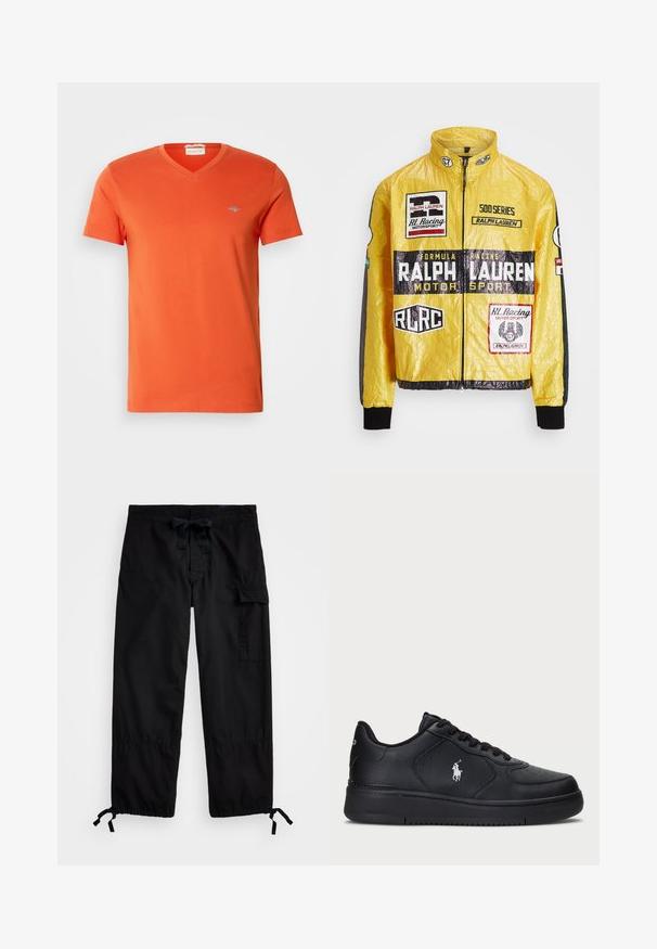 Yellow, textured racing jacket featuring multiple printed logos and patches, with black accents on sleeves and cuffs, full zip closure.; Orange cotton t-shirt with a V-neck, short sleeves, and a small logo on the chest. Smooth texture and even stitching.; Black cargo pants with elastic waistband and drawstring. Features side pockets and adjustable cuffs with toggles. Made of lightweight fabric.; Black leather sneakers with a perforated design, flat lace-up closure, and a white embroidered logo on the side. Thick black rubber sole.