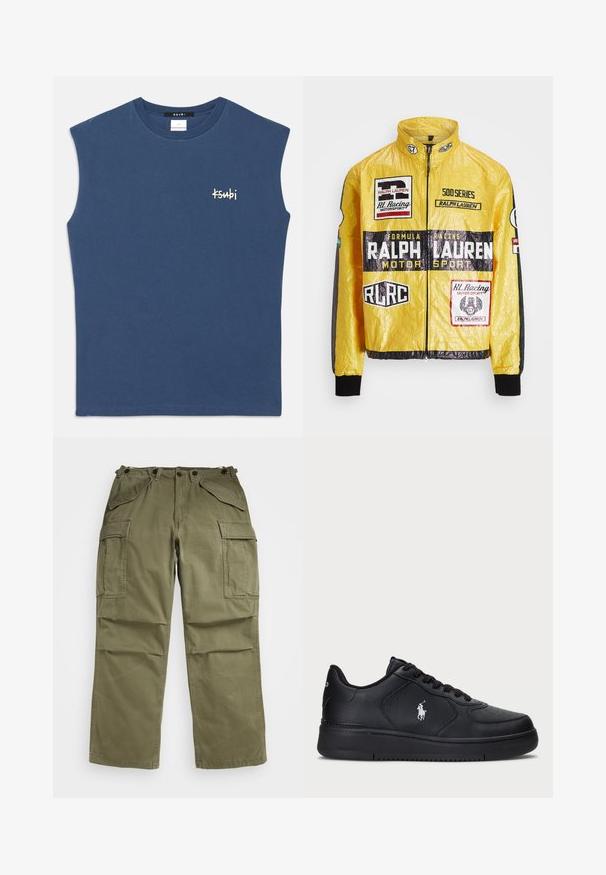 Sárga, textúrált versenydzseki, több nyomtatott logóval és folttal, fekete részletekkel az ujjakon és mandzsettákon, teljes hosszúságú cipzárral.; Kék ujjatlan pamut ing kerek nyakkivágással. Kicsi fehér "Ksubi" logó található a mellkason. Sima textúra, laza szabás.; Olíva zöld cargo nadrág, texturált anyagból készült, több elülső és oldalsó zsebbel, valamint megerősített varrásokkal a célnál.; Fekete bőr sneaker cipők perforált mintával, lapos fűzős záródással és fehér hímzett logóval az oldalon. Vastag fekete gumitalp.