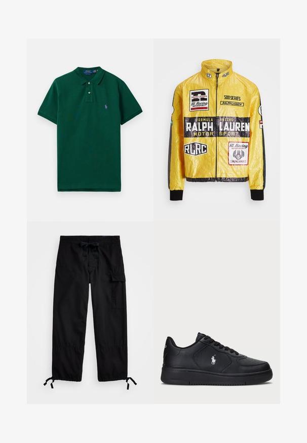 Yellow, textured racing jacket featuring multiple printed logos and patches, with black accents on sleeves and cuffs, full zip closure.; Green polo shirt made of cotton, featuring a classic collar, short sleeves, and a small purple logo on the left chest. Two-button placket.; Black cargo pants with elastic waistband and drawstring. Features side pockets and adjustable cuffs with toggles. Made of lightweight fabric.; Black leather sneakers with a perforated design, flat lace-up closure, and a white embroidered logo on the side. Thick black rubber sole.
