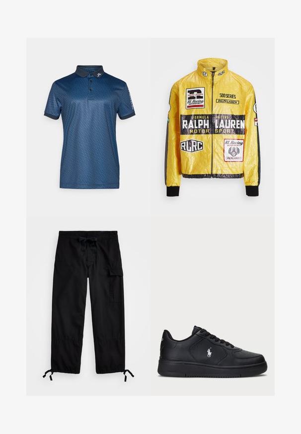 Sárga, textúrált versenydzseki, több nyomtatott logóval és folttal, fekete részletekkel az ujjakon és mandzsettákon, teljes hosszúságú cipzárral.; Tengerészkék polo póló geometrikus mintázattal, rövid ujjakkal és sötét gallérral. A galléron és az ujjon logóval díszítve.; Fekete cargo nadrág rugalmas derékkal és húzózsinórral. Oldalsó zsebekkel és állítható mandzsettákkal rendelkezik, amelyeken toggle zár van. Könnyű szövetből készült.; Fekete bőr sneaker cipők perforált mintával, lapos fűzős záródással és fehér hímzett logóval az oldalon. Vastag fekete gumitalp.