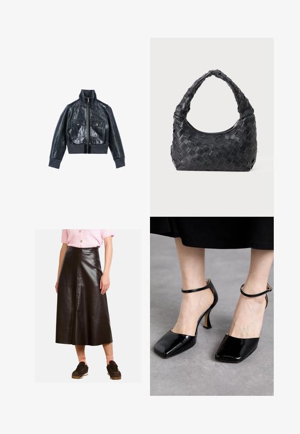 The Kooples Veste en cuir - black; Haut noir à manches longues avec un large col rond, coupe décontractée et texture douce. Comprend un ourlet arrière légèrement plus long et sans ornements supplémentaires.; Jupe midi en cuir noir avec une texture lisse, dotée d'une taille haute et de détails en panneaux. Assortie avec des baskets marron et des chaussettes roses.; Souliers Martinez LAURA - Escarpins à talons hauts - lajara cybil black; Sac en cuir noir tissé avec une poignée arrondie et un corps en forme de croissant sur un fond uni.