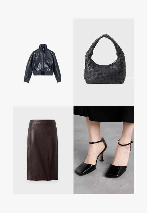 The Kooples Veste en cuir - black; Haut noir à manches longues avec un large col rond, coupe décontractée et texture douce. Comprend un ourlet arrière légèrement plus long et sans ornements supplémentaires.; Jupe crayon en cuir marron avec une texture lisse, dotée d'une taille haute, de deux poches avant et d'une coupe au niveau du genou.; Souliers Martinez LAURA - Escarpins à talons hauts - lajara cybil black; Sac en cuir noir tissé avec une poignée arrondie et un corps en forme de croissant sur un fond uni.