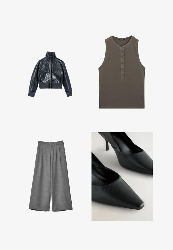The Kooples Leather jacket - black; Sleeveless, olive green tank top made of cotton. Features a rounded neckline and a button placket down the front with five buttons.; Gray wide-leg cropped trousers with belt loops, side pockets, and front pleats, made from a soft fabric.; Black leather high heels with a pointed toe, slim stiletto heel, and smooth texture. Features a V-cut design on the sides.