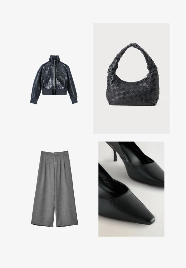 The Kooples Leather jacket - black; Sleeveless, olive green tank top made of cotton. Features a rounded neckline and a button placket down the front with five buttons.; Gray wide-leg cropped trousers with belt loops, side pockets, and front pleats, made from a soft fabric.; Black leather high heels with a pointed toe, slim stiletto heel, and smooth texture. Features a V-cut design on the sides.; Black leather woven shoulder bag with a rounded handle and crescent-shaped body on a plain background.