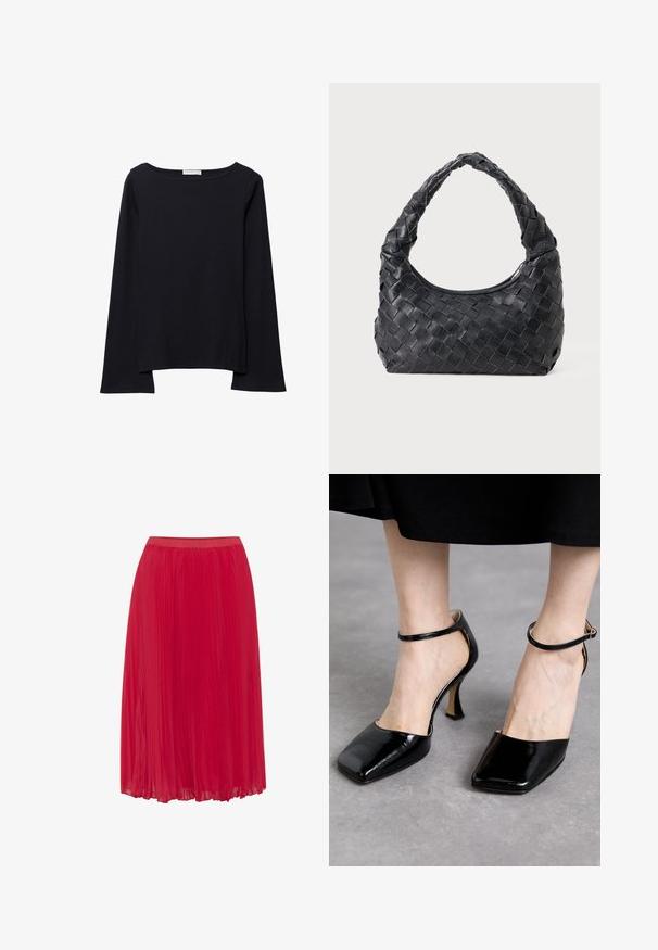 The Kooples Leren jas - black; Zwarte lange mouwtop van zachte katoen. Heeft een brede halslijn, een ontspannen pasvorm en iets uitlopende mouwen. Geen zichtbare patronen of hardware.; Rode geplooide rok van een soepele, lichte stof. Voorzien van een elastische tailleband en een vloeiende ontwerp voor gemakkelijke beweging.; Souliers Martinez LAURA - Hoge hakken - lajara cybil black; Zwarte leren geweven schoudertas met een ronde handgreep en een maansvormig lichaam op een effen achtergrond.