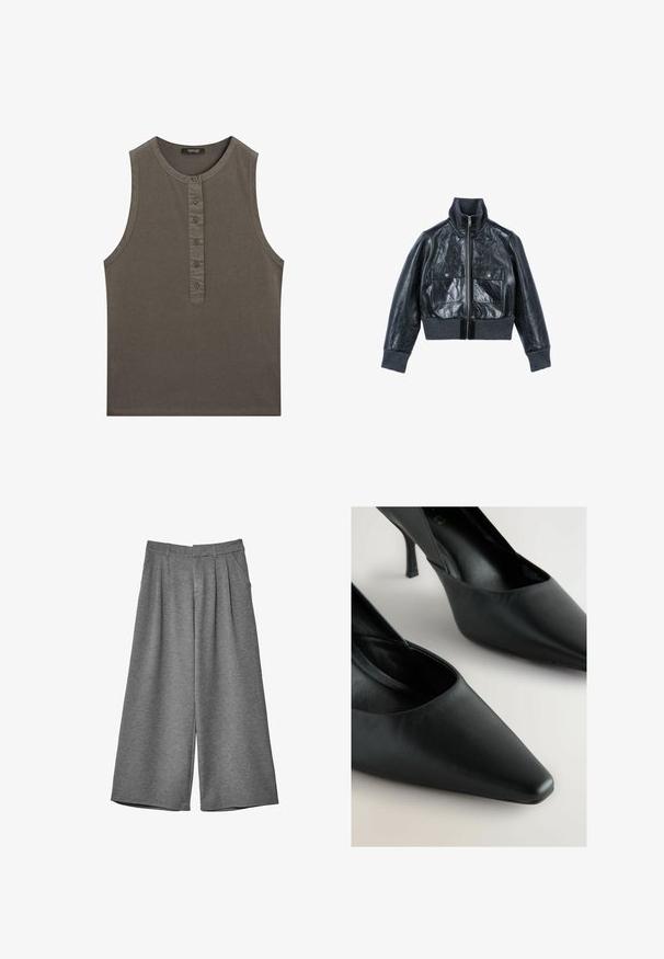 The Kooples Læderjakker - black; Sømløs, olivengrøn tanktop lavet af bomuld. Har en rund halsudskæring og en knaplukning ned ad fronten med fem knapper.; Grå brede culottestil bukser med bæltestropper, sidelommer og for-pleats, lavet af et blødt stof.; Sorte læder højhælede sko med spids tå, slank stiletto-hæl og glat overflade. Har en V-formet udsmykning på siderne.