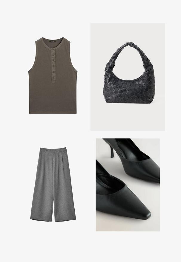 The Kooples Læderjakker - black; Sømløs, olivengrøn tanktop lavet af bomuld. Har en rund halsudskæring og en knaplukning ned ad fronten med fem knapper.; Grå brede culottestil bukser med bæltestropper, sidelommer og for-pleats, lavet af et blødt stof.; Sorte læder højhælede sko med spids tå, slank stiletto-hæl og glat overflade. Har en V-formet udsmykning på siderne.; Sort læder vævet skuldertaske med et afrundet håndtag og en halvmåneformet krop på en ensfarvet baggrund.