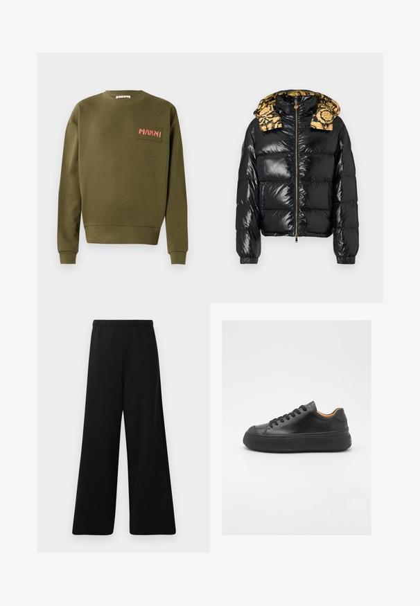 Zwarte donsjas met een glanzende afwerking, voorzien van een geel kapje met patroon. Ritssluiting en elastische manchetten maken het ontwerp compleet.; Oliegroene sweatshirt van katoen, met een ronde hals, geribbelde manchetten en een geborduurd label met "MARNI" in het rood.; Zwarte wijde broek gemaakt van zachte stof. Kenmerkt zich door een elastische tailleband, een gladde textuur en een eenvoudig, modern ontwerp zonder patronen.; Zwarte leren sneaker met een ronde neus, vetersluiting aan de voorkant, een gladde textuur, dikke rubberen zool en contrasterende tan interieur.
