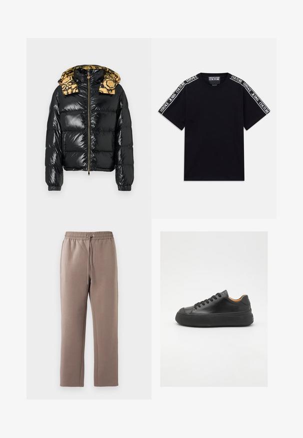 Sort dunjakke med blank overflade og mønstret gul hætte. Lynlåslukning og elastiske manchetter fuldender designet.; Sort kortærmet T-shirt med hvide "Versace Jeans Couture" tekstbånd, der løber langs skuldrene og den øverste del af ærmerne.; Brune, mellemhøje sweatpants lavet af blødt stof, med en elastisk talje og snor, sidelommer og lige ben.; Sort lædersneaker med rund tå, snørebånd foran, glat overflade, tyk gummisål og kontrasterende tan inderside.
