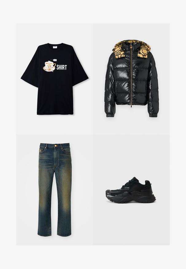 Juoda pūkinė striukė su blizgiu paviršiumi, geltonos spalvos raštuotu gobtuvu. Dizainą papildo užtrauktuko uždarymas ir elastinės rankogalių apyrankės.; Juoda perregimo dydžio marškinėlių su gėlių puodelio ir arbatinio maišelio grafika, tekstu "MOSCHINO" ir "SHIRT" ryškiomis baltomis raidėmis.; Mėlyni džinsai su tiesiu, plačiu kelnių siluetu. Yra išblukusių vietų ir su mygtukų uždarymu. Įeina priekiniai kišenės ir logotipo detalė.; Juodos sportinės sportbačiai, pagaminti iš tinklinės ir zomšinės medžiagos, su tekstūruotu padu, apvaliu nosiu ir Versace logotipo detale šone.