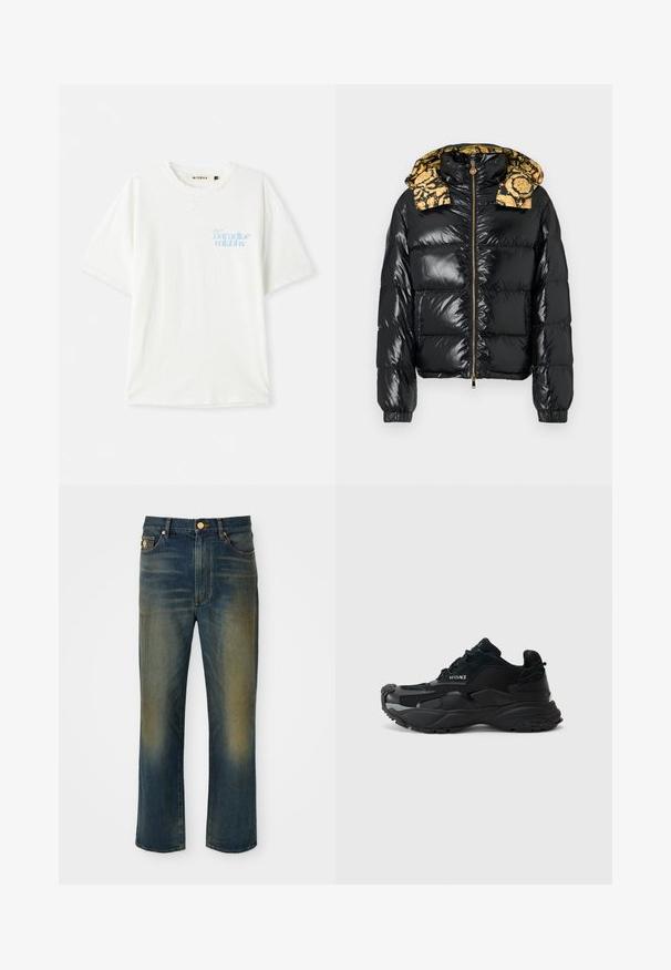 Mustast läikiva viimistlusega fliisjope, millel on mustriline kollane kapuuts. Disaini täiendavad tõmblukuga sulgemine ja elastsed mansetid.; Valge puuvillane T-särk, millel on soe lõige ja ümar kaelus. Üks vasakpoolne külg on kaunistatud helesinise tekstiga. Tekstuuriga kude.; Sinised denim teksad sirge, laia sääre disainiga. Omab pleekinud alasid ja nupuvajutusega sulgemist. Koos esikottide ja logo detailiga.; Mustmustad mustreega jalatsid, kus on võrkmaterjal ja samet, tekstureeritud tallad, ümar varvas ja Versace logo detail küljel.