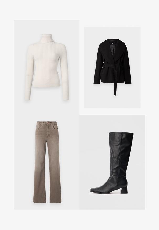 Black wool wrap coat with wide shawl collar, tie waist, diagonal front pockets, and long sleeves, featuring a smooth inner lining.; Off-white turtleneck sweater made from ribbed knit fabric. Features long sleeves and a fitted design with subtle vertical stripes.; Brown high-waist straight-leg jeans with front button, belt loops, and classic five-pocket design on a white background.; Black mid-calf leather boot with pointed toe and block heel on plain light background.