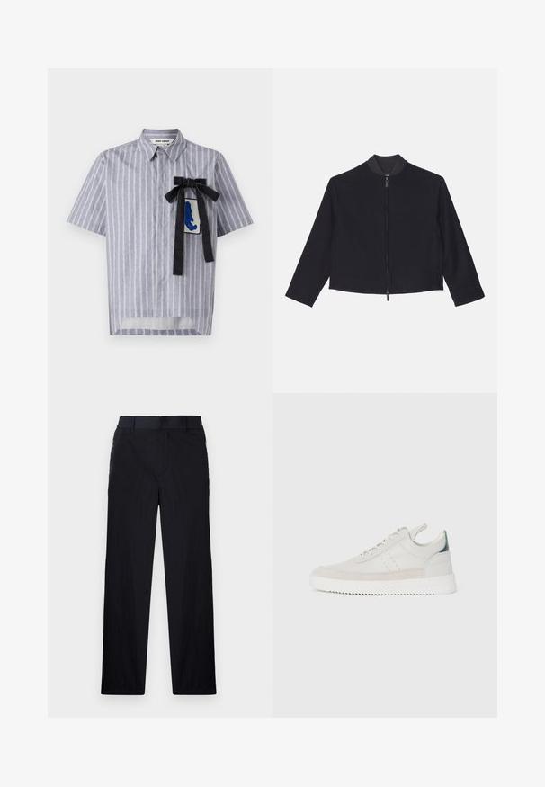 Emporio Armani Vasaras jaka - blu navy; Dhruv Kapoor CUT OUT BADGE SHIRT - Krekls - multi coloured; Melni bikses ar vieglu, teksturētu audumu, taisnu kāju dizainu, elastīgu jostu un sānu rāvējslēdzēju kabatām.; Baltas ādas sporta apavi ar pelēka zamšādas akcentiem, saistoša dizaina, ar vilkšanas cilpu un teksturētu gumijas zoli, kas raksturojas ar zigzag rakstu.