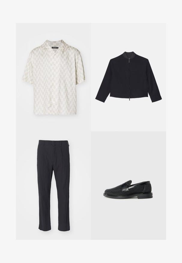 Emporio Armani Summer jacket - blu navy; Short-sleeve shirt with a cream and beige geometric pattern, lightweight fabric, notch collar, and five buttons down the front.; Black pleated trousers with a textured fabric, featuring a straight leg design and standard waistband. No visible pockets or hardware.; Black woven slip-on shoe with a smooth leather accent on the upper, a round toe design, and a low-profile rubber sole.