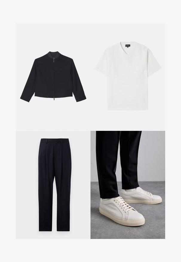 Emporio Armani Καλοκαιρινό μπουφάν - blu navy; Λευκή κοντομάνικη μπλούζα V με υφή από κλωστοϋφαντουργικό υλικό που έχει έναν διακριτικό σχεδιασμό. Διαθέτει ένα μικρό λογότυπο στο στήθος.; Σκούρο μπλε παντελόνι σε ίσια γραμμή, με υφαντό ύφασμα, δύο μπροστινές πιέτες, θηλιές ζώνης και κλείσιμο με φερμουάρ.; Ανοιχτό χρώμα μπεζ δερμάτινα αθλητικά παπούτσια με επίπεδα κορδόνια, υφή στην επιφάνεια, και αντίθετη λευκή καουτσούκ σόλα, συνδυασμένα με μαύρα στενά παντελόνια.