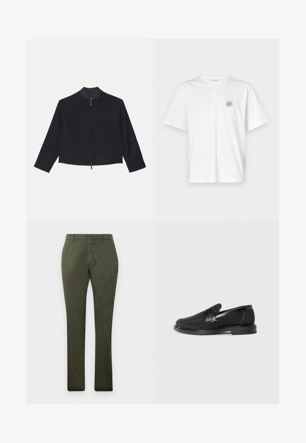 Emporio Armani Vasaras jaka - blu navy; Baltas kokvilnas T-krekls ar īsām piedurknēm, apaļu dekoltē un mazu pelēku logo kreisajā krūšu daļā. Gluda tekstūra.; Olive zaļas taisnas kājas bikses ar jostu cilpiņām, priekšējo rāvējslēdzēju un pogu aizdari, izliktas uz vienkrāsaina balta fona.; Melnas austas slaidu kurpes ar gludu ādas akcentu augšpusē, apaļas formas purngalu un zemas profila gumijas zoli.