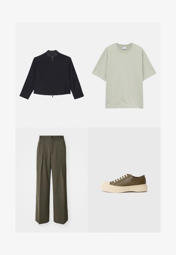 Emporio Armani Lehká bunda - blu navy; Světle zelené volné tričko s krátkým rukávem z bavlny s kulatým výstřihem, položené na bílé ploše.; Filippa K WIDE TROUSERS - Kalhoty - driftwood; Nízké tenisky olivové barvy s tlustou smetanovou podrážkou a bílými šňůrkami, vystavené na jednoduchém bílém pozadí.