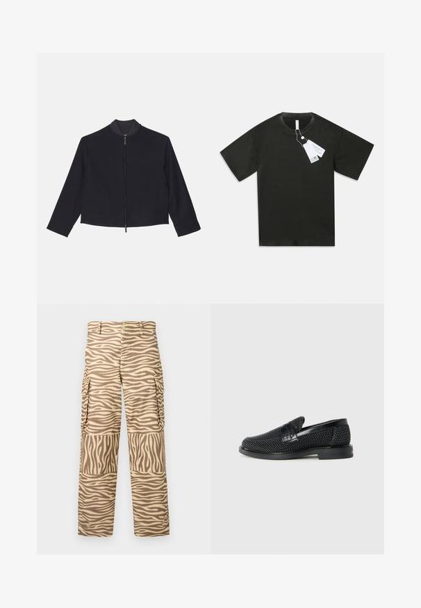 Emporio Armani Nyári dzseki - blu navy; Fekete, rövid ujjú pamut póló, kerek nyakkal és a gallérból lelógó fehér címkékkel, egyszínű fehér háttér előtt.; Beige és krém csíkos zebra mintás cargo nadrág. Jellemzői közé tartozik a egyenes szár, két oldalsó zseb és fémes részletekkel ellátott gombos záródás.; Fekete szőtt slip-on cipő sima bőr díszítéssel a felsőrészen, kerek orral és alacsony profilos gumitalppal.