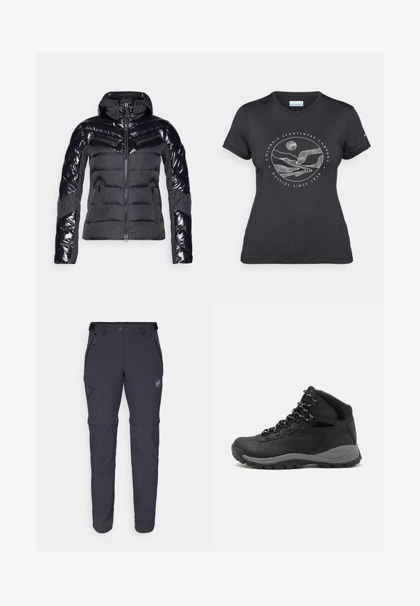 Crna pufasta jakna s sjajnom završnom obradom, s horizontalnim pregradama, visokim ovratnikom i patentnim zatvaračima na džepovima radi funkcionalnosti.; Crna Columbia majica s bijelim kružnim crtežom planine i rijeke te natpisom "Columbia Sportswear Company Outside Since 1938."; Hiking hlače s otpadajućim nogavicama u tamnosivoj tkanini. Imaju dvije prednje džepove, jedan bočni džep i akcent s logotipom. Ojačani šavovi i podesiv struk.; Crne planinarske čizme s dizajnom srednjeg vrha, sa teksturiranim gornjim dijelom, sivim akcentima i izdržljivom gumom potplatom s uzorkom za prianjanje.