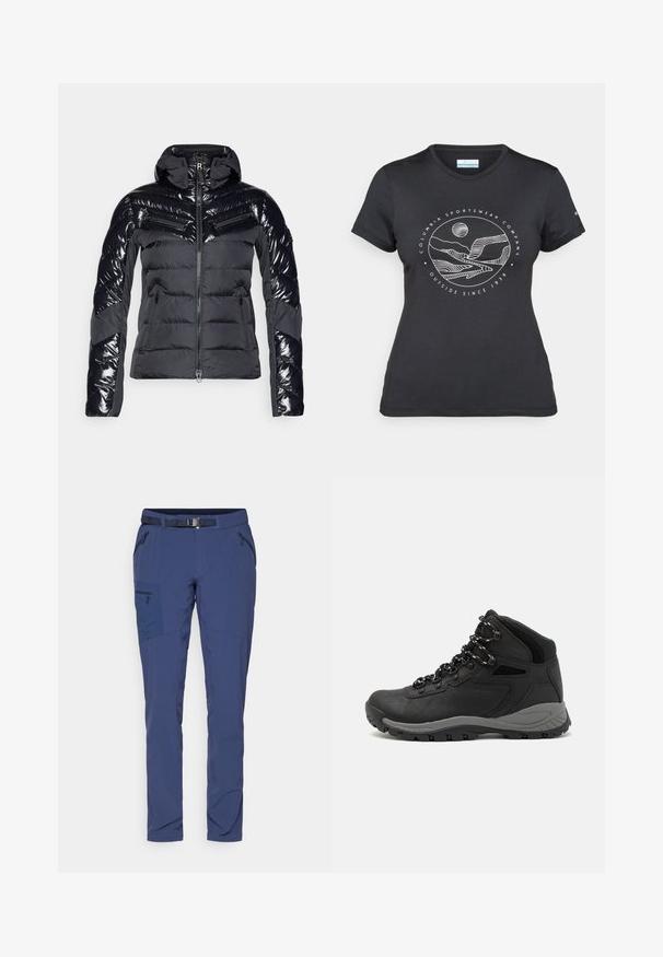 Casaco puffer preto com um acabamento brilhante, apresentando painéis horizontais, um colarinho alto e bolsos com fecho para funcionalidade.; T-shirt preto da Columbia com arte em linha branca circular representando montanhas e rios, e o texto "Columbia Sportswear Company Outside Since 1938."; Calças exteriores azul marinho com um design ajustado, apresentando vários bolsos, um cinto e áreas reforçadas para durabilidade. Tecido elástico.; Bota de caminhada preta com design de cano médio, apresentando um upper texturizado, detalhes cinzentos e sola de borracha durável com cravos de tração.