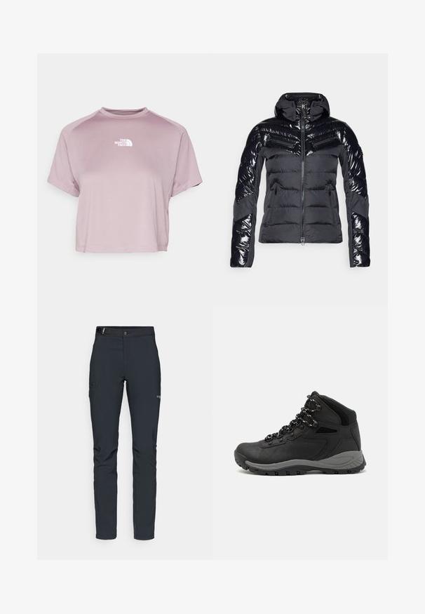 Melna pūkaina jaka ar spīdīgu apdari, kurai ir horizontālās šuves, augsts apkaklis un ar rāvējslēdzējiem aprīkotas kabatas funkcionalitātei.; Kratā t-kreklā gaiši lavandas krāsā. Izgatavots no mīkstas auduma ar apaļu kakla izgriezumu un īsām piedurknēm. Uz krūtīm ir balts logotips.; Vīriešu āra bikses, tumši pelēkā krāsā, izgatavotas no elastīga materiāla, ar jostu, kabatām ar rāvējslēdzēju un pastiprinātām šuvēm.; Melni pārgājienu zābaki ar vidēju augstumu, ar teksturētu augšdaļu, pelēkiem akcentiem un izturīgu gumijas zoli ar saķeres izvirzījumiem.